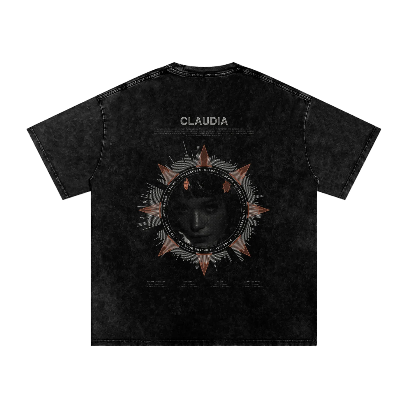 The The Star shirt from the back: Her clip’s eight-pointed star behind the canon close-up, ringed by the films and their running times, and one ray for every shot of the four films, each as long as its shot.