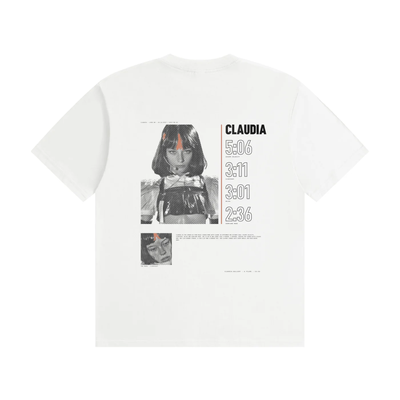 The White shirt from the back: For a white shirt: Look 00 engraved in dark lines, CLAUDIA over the four running times in outline, and the Mask small at the foot.