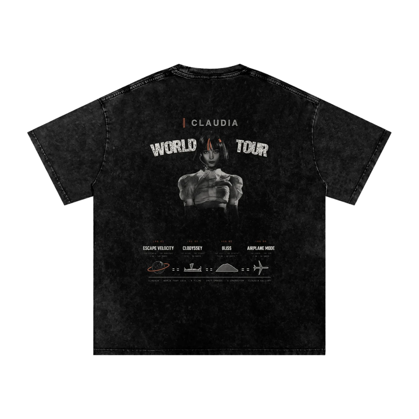 The World Tour shirt from the back: WORLD TOUR arched round Look 00, and one leg per film with its running time, its shots and its own icon: the Earth, the galley, the hill and the airliner.